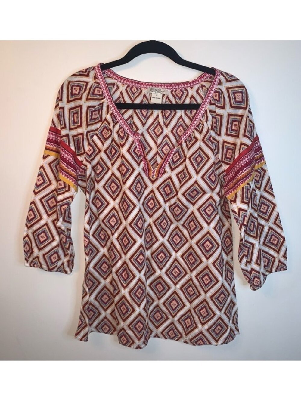 Lucky Brand Boho Blouse V-Neck Red Yellow L